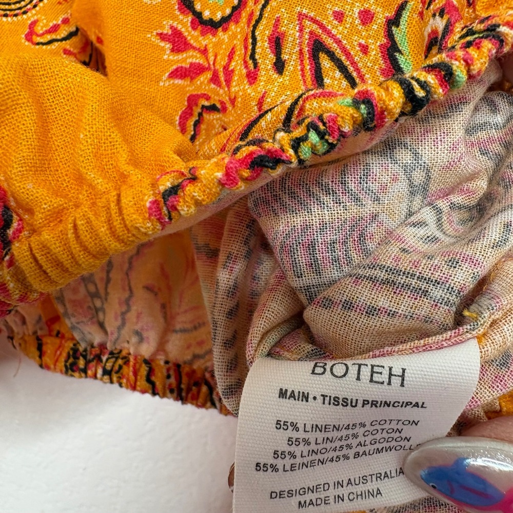 BOTEH Calla Crop Top Ochre Orange Paisley Linen Cotton Balloon Sleeve Size 1 - Picture 7 of 10